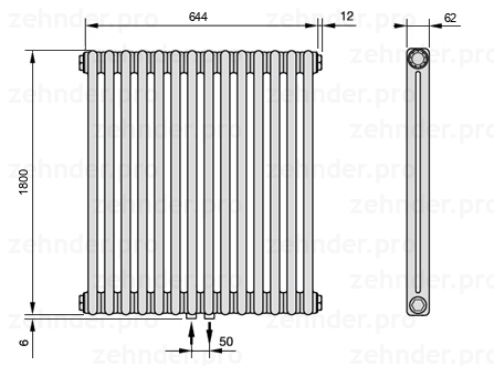 Схема (чертеж) Радиатор Zehnder Charleston 2180/14 №3470 Белый глянцевый RAL 9016
